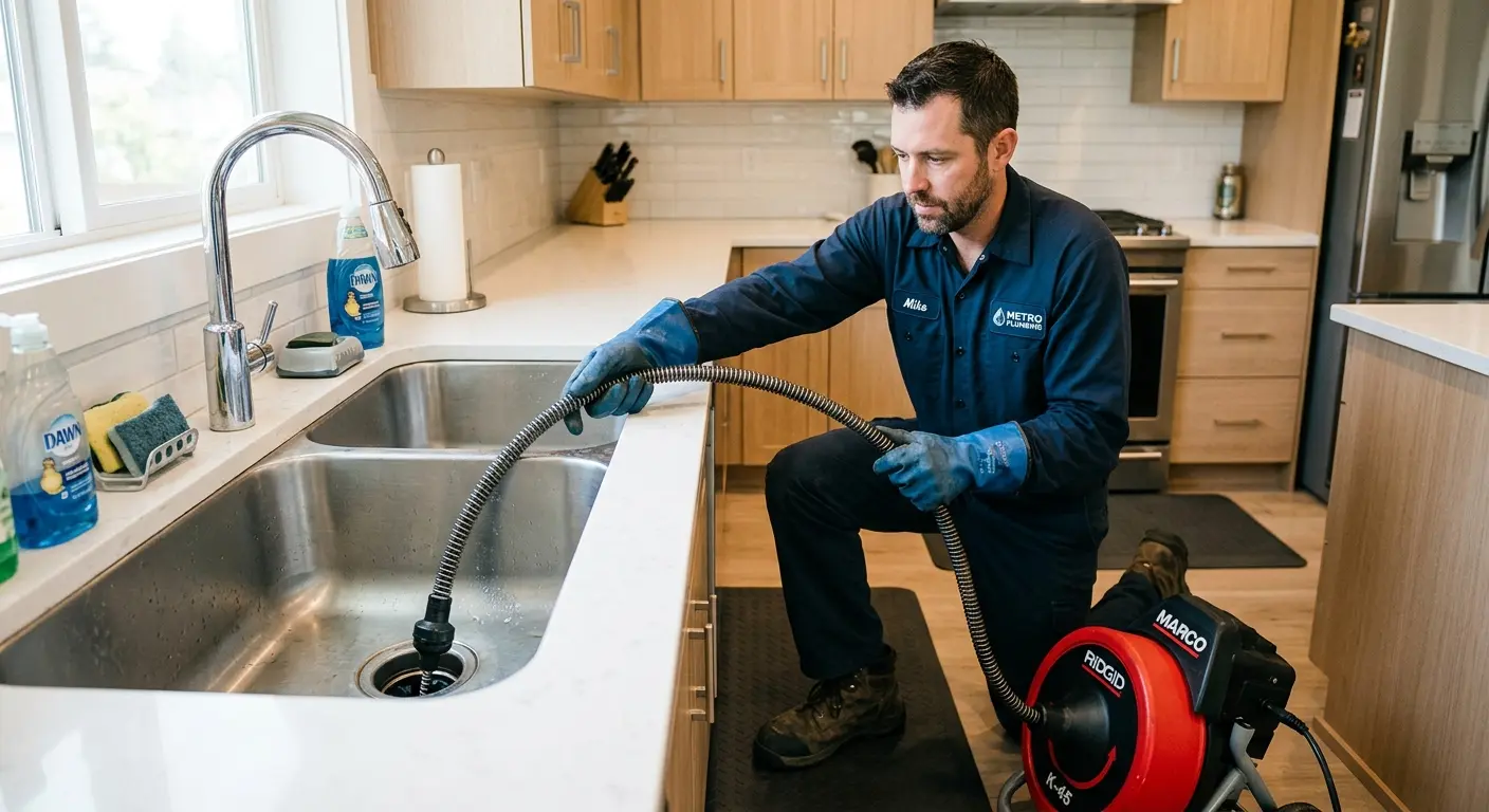 Drain cleaning technician using a motorized snake on a kitchen sink in Linwood