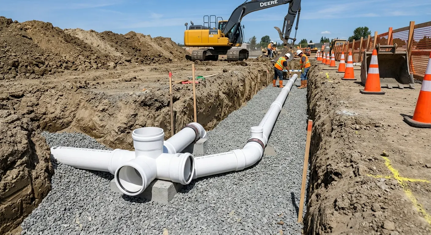 New PVC sewer pipe installation in open trench for Sewer Backup in Linwood