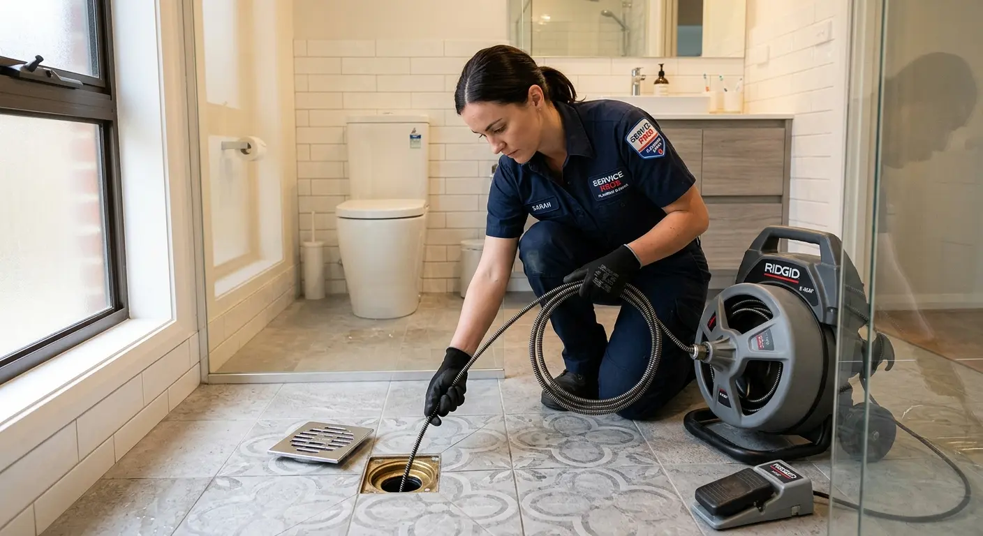 Technician clearing a bathroom floor drain for Drain Cleaning in Linwood
